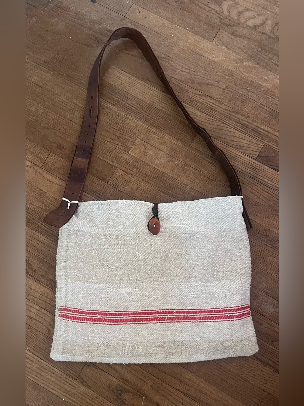 Handwoven Cream book Bag with Red Stripe and Brown Leather Strap
